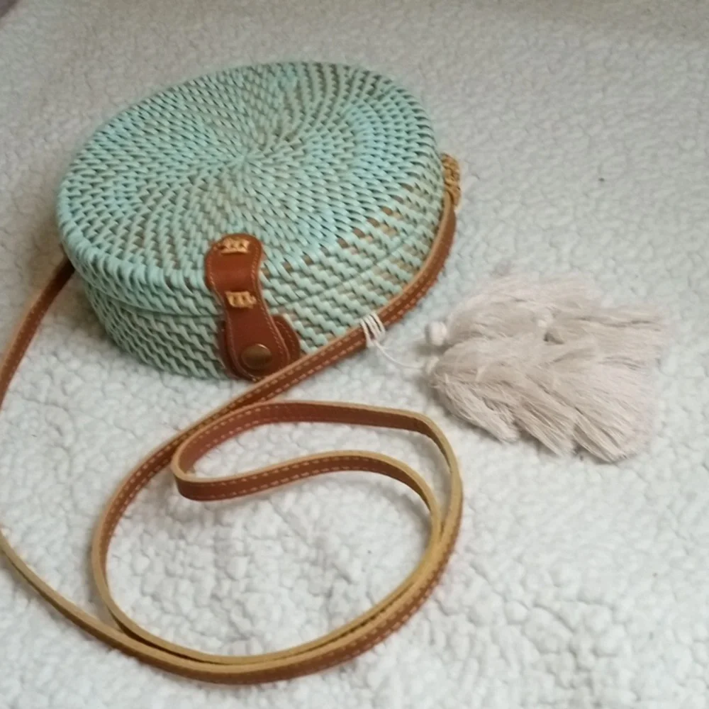 Round woven wicker purse with leather crossbody.  Check out pics!  NWT